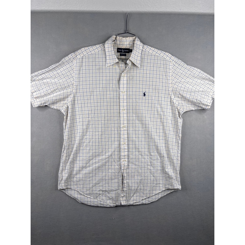 Ralph Lauren Yarmouth Mens 17 White Blue Yellow Plaid Cotton Short Sleeve Shirt